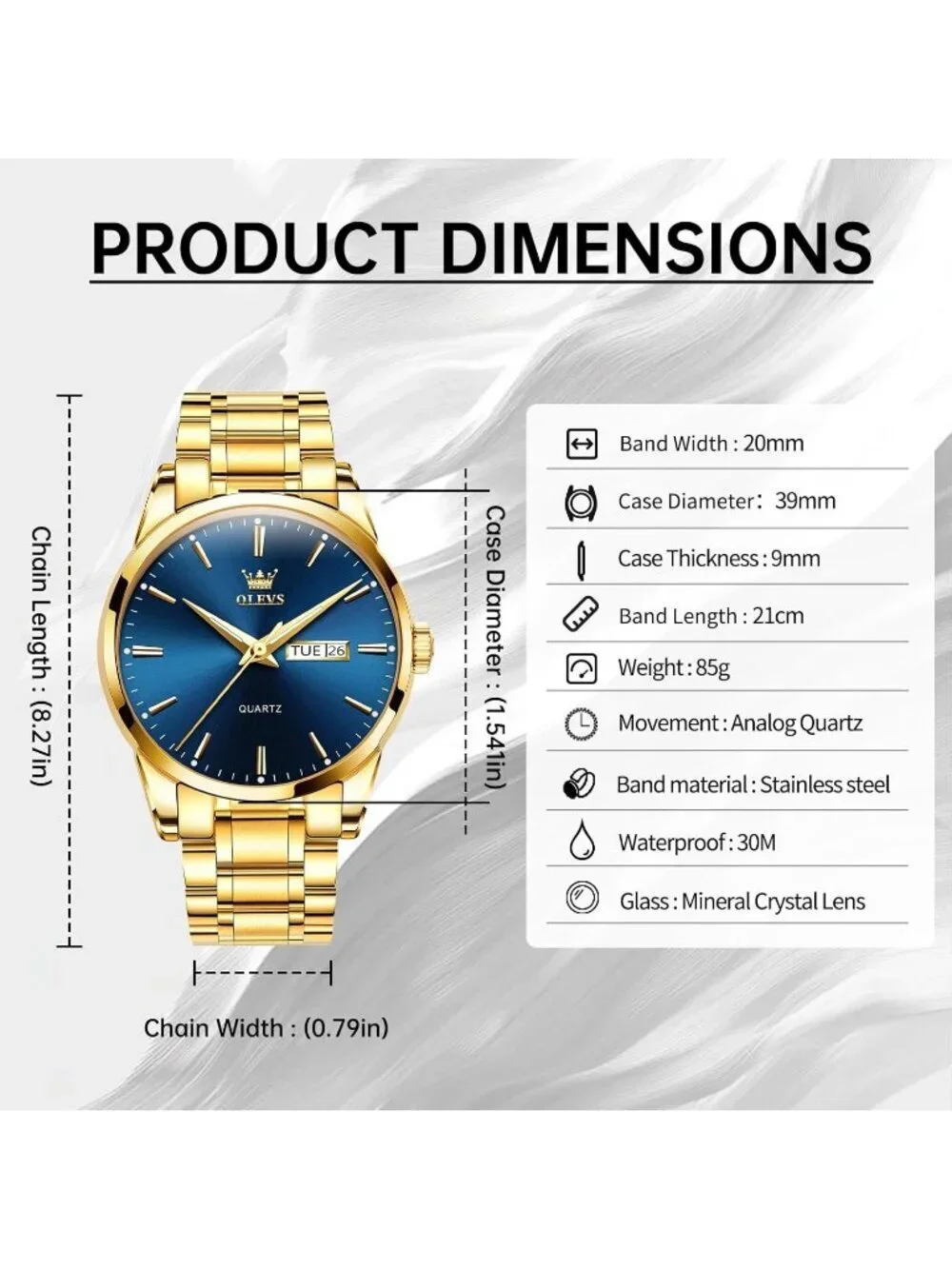 Men's Gold Blue Face Stainless Steel Luminous Quartz Waterproof Classic Watch